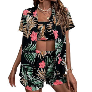 Floerns Women's Medium 3 Piece Tropical Print Blouse and Shorts with Tube Top